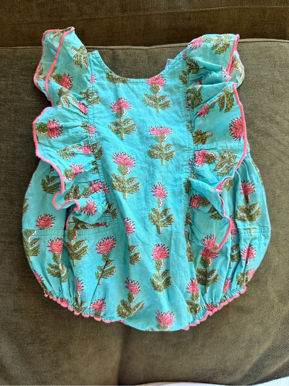 Pink Chicken Aqua Floral Ruffle Bubble Top with Pink Trim